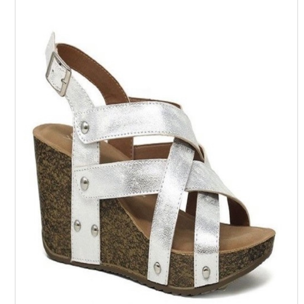 Silver Cork Platform Wedge Sandals